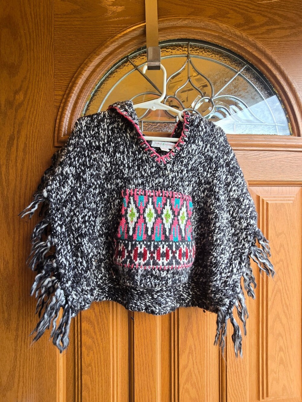 Mimi & Maggie Southwestern Knit Fringe Poncho Hoodie OS